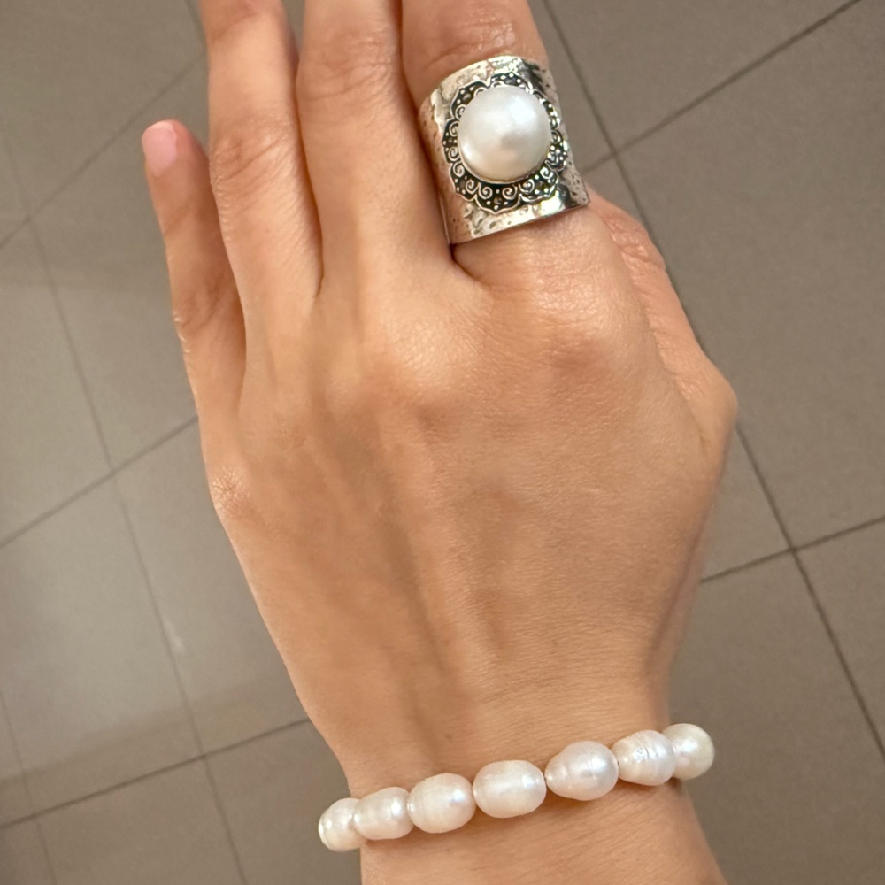Sterling silver and pearl bracelet and ring
